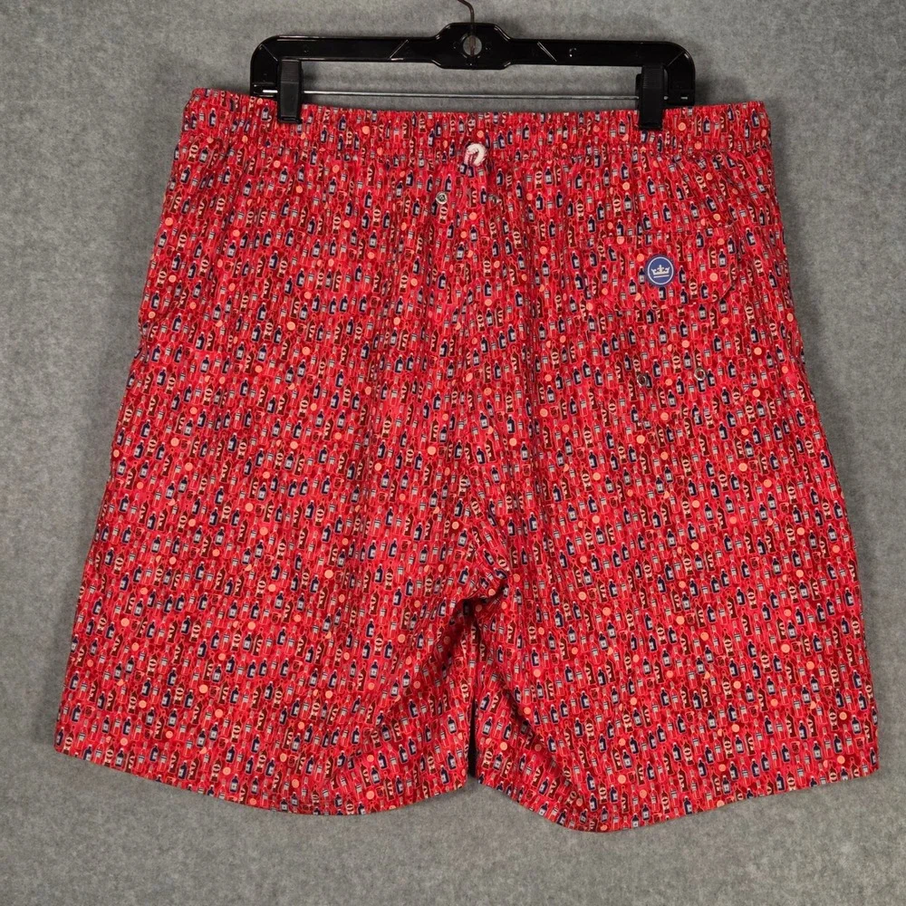 Peter Millar Men XL Seaside Co Swim Trunks Red Bottle Print AOP